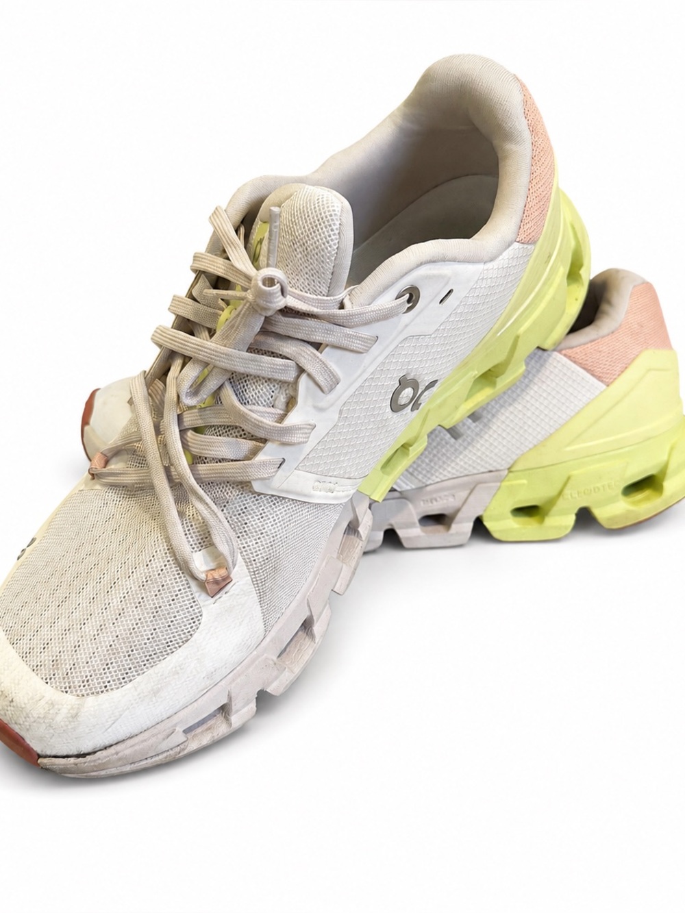 On cloud White Women's Sneakers with Subtle Yellow and Pink Accents- size 10